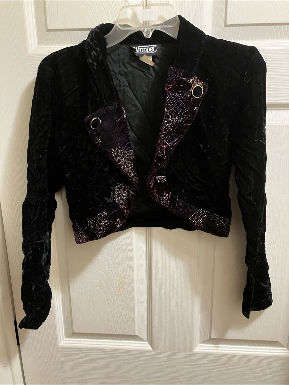 Vintage Crushed Velvet Cropped small Jacket - Black with Purple Accents
